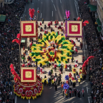 Colorful parade, with dancers in colorful costumes, musicians playing lively rhythms, and spectators cheering along the sunlit streets.